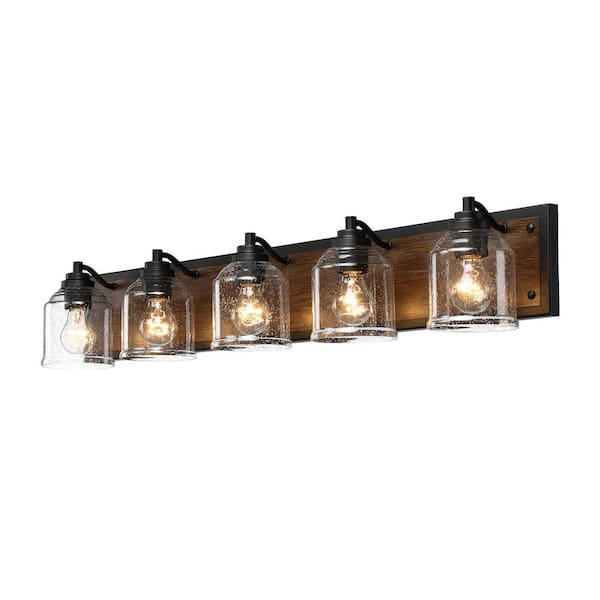 Farmhouse 40 in. 5-Light Black Bathroom Vanity Light, Modern Dark Wood Grain Wall Sconce with Clear Seeded Glass Shades