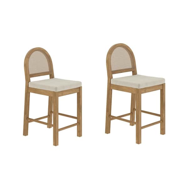 Bailey 24 in. Upholstered Boucle Rattan and Wood Counter Height Bar Stool w/ Woven Back, Cream Boucle/Brown, Set of 2