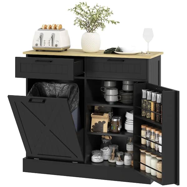 Black 39.4 in. Pantry Organizer Sideboard with Tilt Out Trash Cash, Shelves and Spice Rack