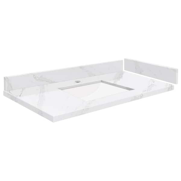 Transolid Silestone 34 in. W x 22.25 in. D Quartz White Rectangular Single Sink Vanity Top in Calacatta Gold