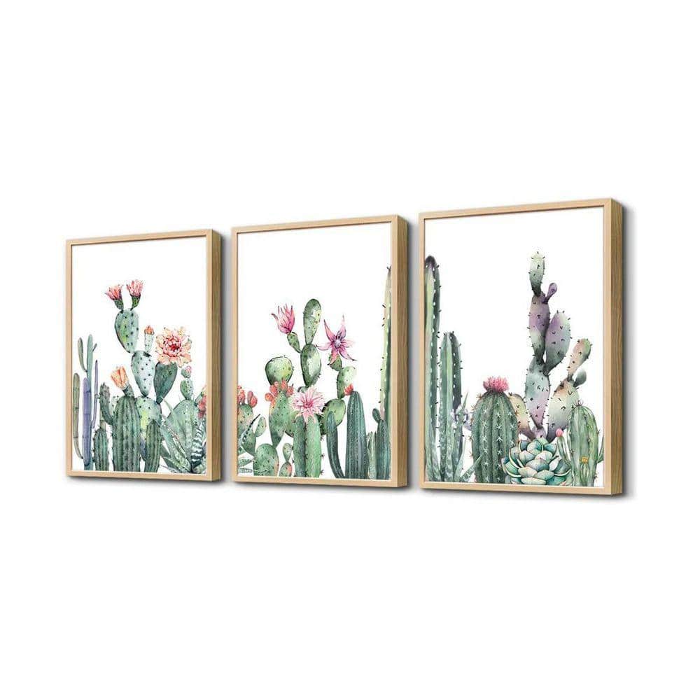 3 Piece Natural Wood Framed Green Succulent Cactus Wall Canvas Art ...