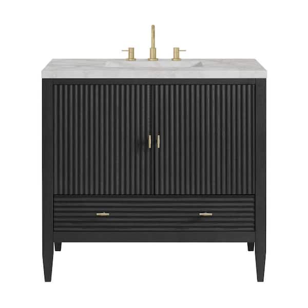 James Martin Vanities Myrrin 36.0 in. W x 23.5 in. D x 34.06 in. H Single Bathroom Vanity Carbon Oak and Victorian Silver Quartz Top