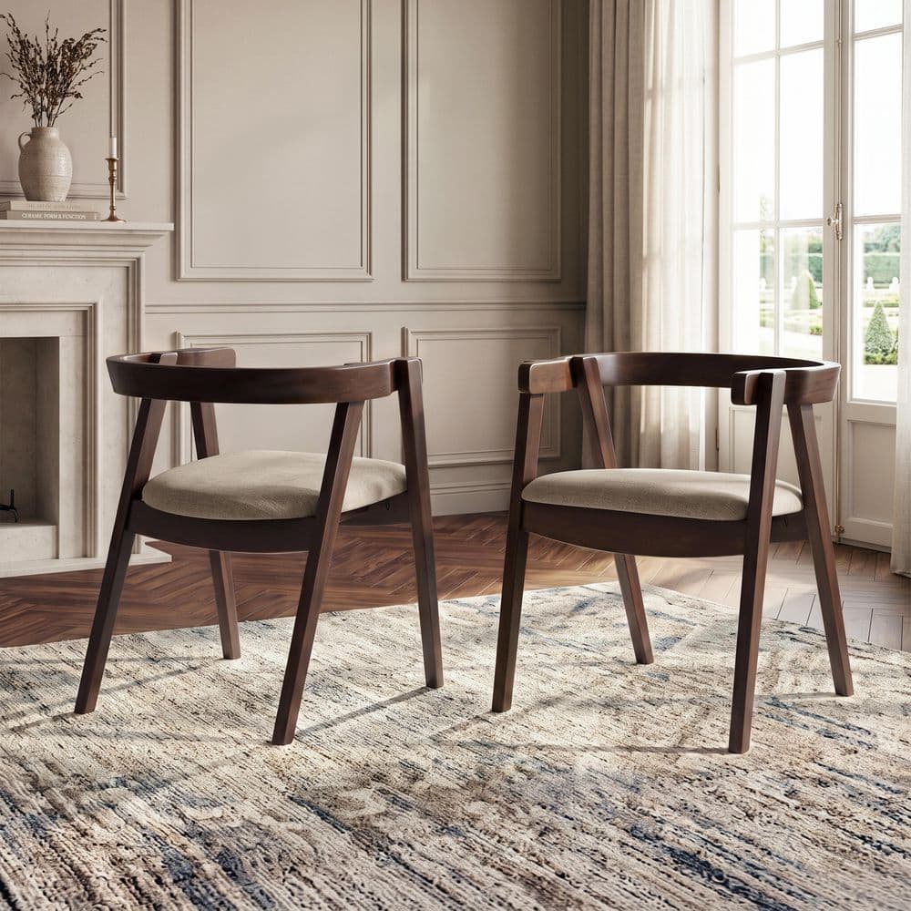 Shelun Modern Rich Walnut Fabric Low Back Barrel Dining Arm Chair (Set of 2)