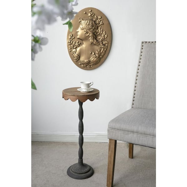 25 in. Black Iron Outdoor Side Table with Scalloped Brown Wooden