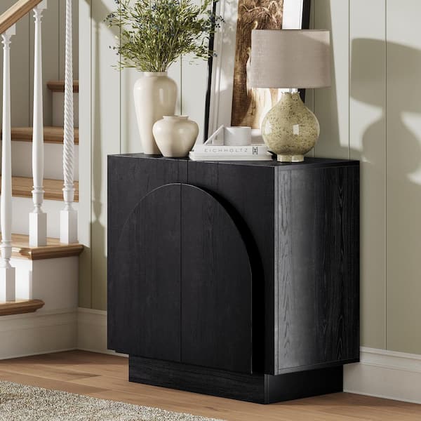 Iris Black Oak 31 in. Mid-Century Modern Wooden Credenza or Accent Cabinet with Adjustable Shelf and Arched Doors