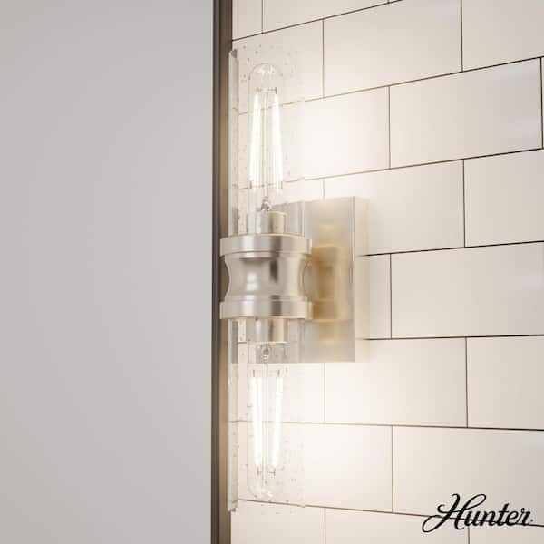 Hunter Lenlock 16 in. 2-Light Brushed Nickel Vanity Light with Clear Seeded Glass Shades