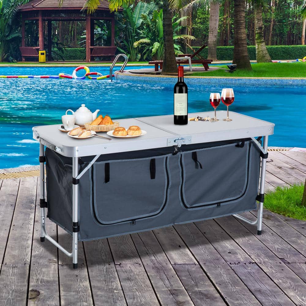 47" White Aluminum Folding Camping Table with Storage Organizer