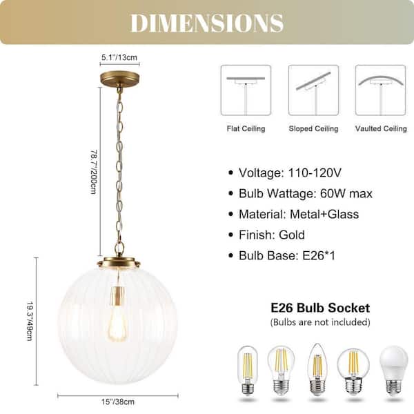 Aero Globe 1-Light Gold Moderne Pendant with Clear Ribbed Glass Shade
