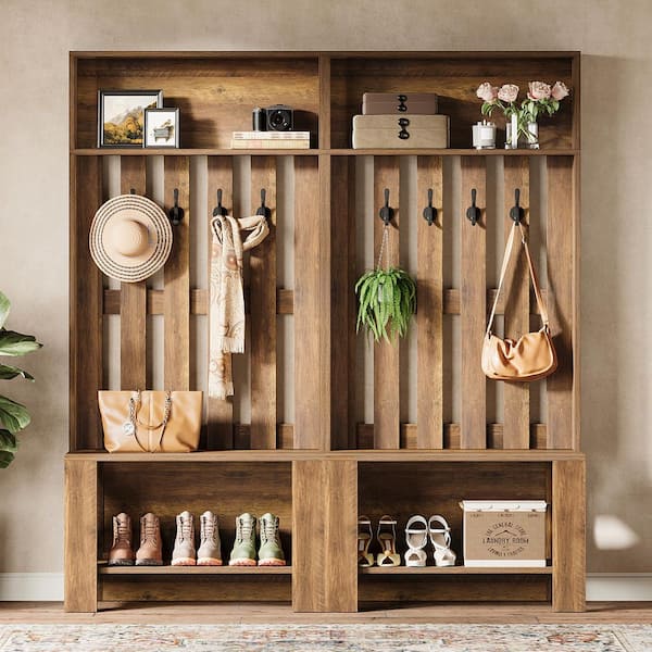 BYBLIGHT Brown Engineered Wood Hall Tree with Shoe Storage and 4