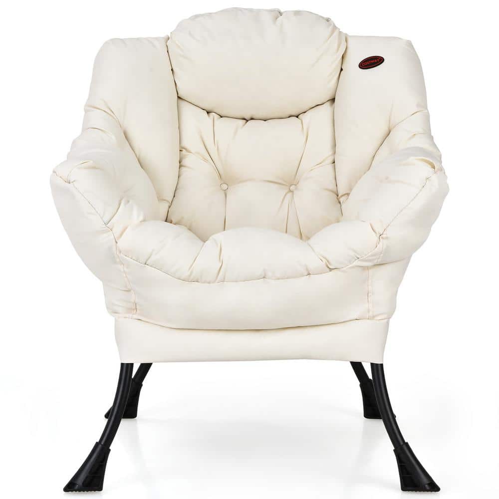 Beige Newspaper Print Modern Metal Accent Chair with Side Pocket