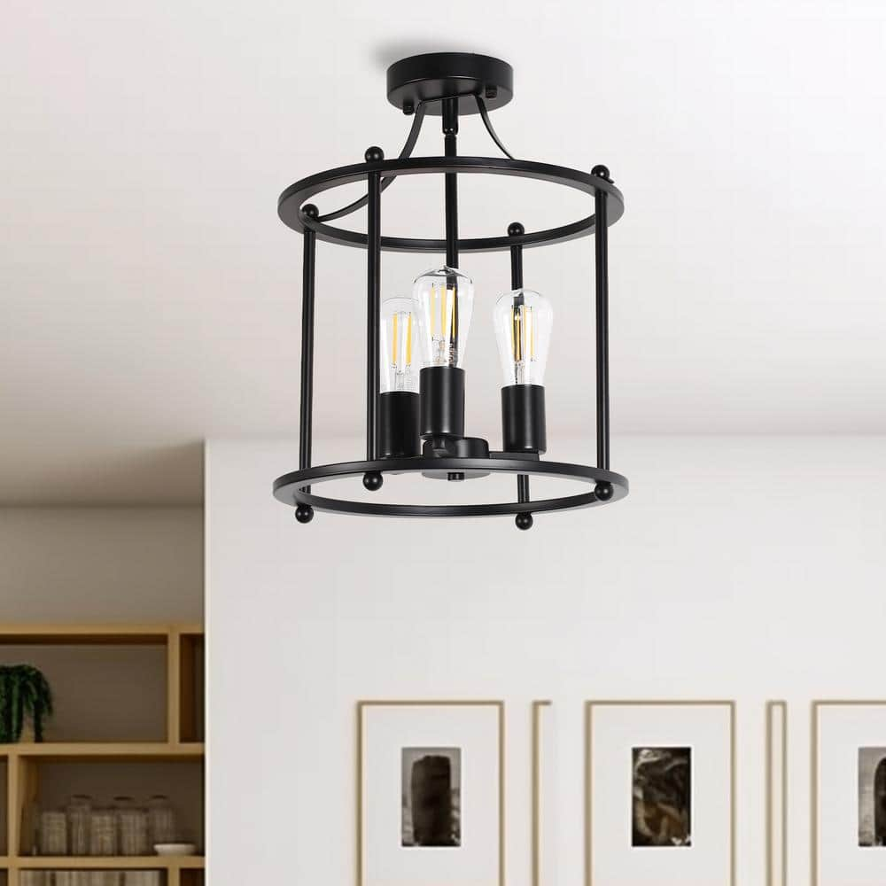 YANSUN 3-Light Black Farmhouse Semi Flush Mount Ceiling Light Fixture ...