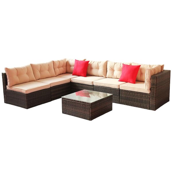 Zeus & Ruta 7-Piece Brown Wicker Outdoor Conversation Sectional Sofa with Shallow Brown Thick Cushions and Coffee Table for Porch