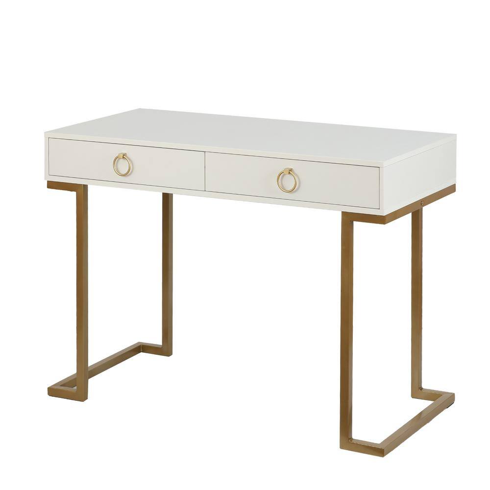 White Wood and Gold Metal Two Drawer Writing Desk
