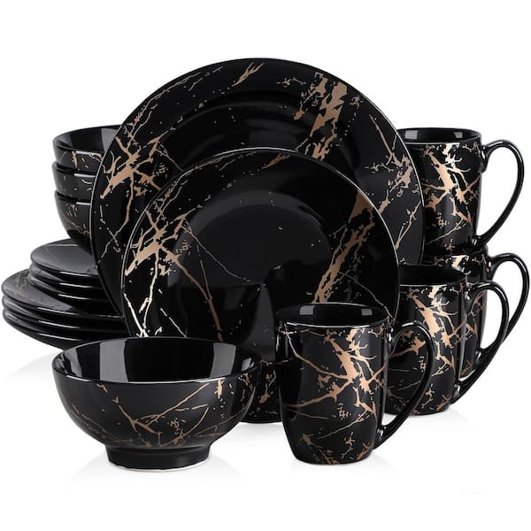 16-Piece Black Porcelain Dinnerware Set Service for 4-Gold Splash Design Plates Bowls Mugs (Not for Microwave and Oven)