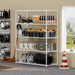 5-layer Steel White adjustable shelves Pantry Organizer w/wheels and adjustable feet, each metal frame bearing 300 lbs.