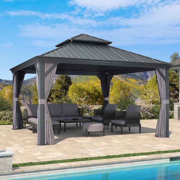 PURPLE LEAF 13 ft. x 13 ft. Luxury Patio Outdoor Gazebo for Backyard Hardtop Aluminum Frame with Netting, Hooks, Upgrade Curtain