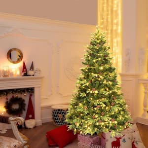 7 ft. Green Pre-Lit Artificial Christmas Tree with LED Lights and Pine Cones