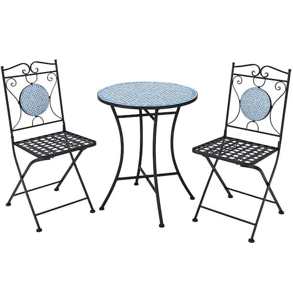 Costway 3-Pieces Ceramic Metal Patio Bistro Set Outdoor Furniture Mosaic Table Chairs All Weather Garden