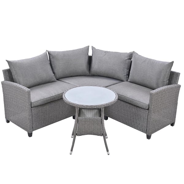maocao hoom 4-Piece Wicker Outdoor Patio Sectional Set with Round Table and Gray Cushions