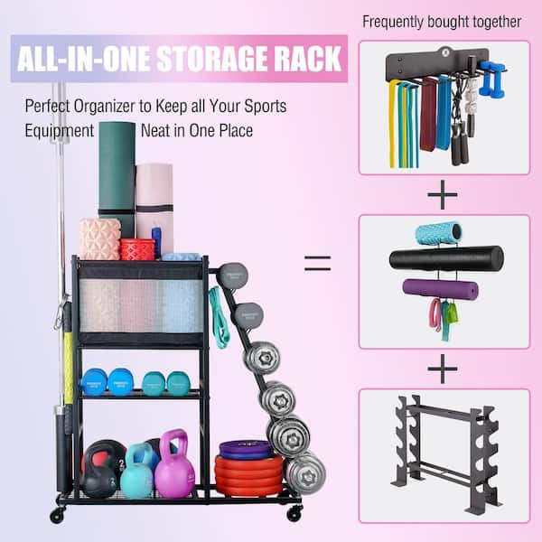 Home Gym Storage, Yoga Mat Storage and Organizer Rack, Portable and Movable  Workout Equipment Storage Rack for Yoga Mats, Dumbbells, Kettlebells, Foam  Rollers, Resistance Bands, Black