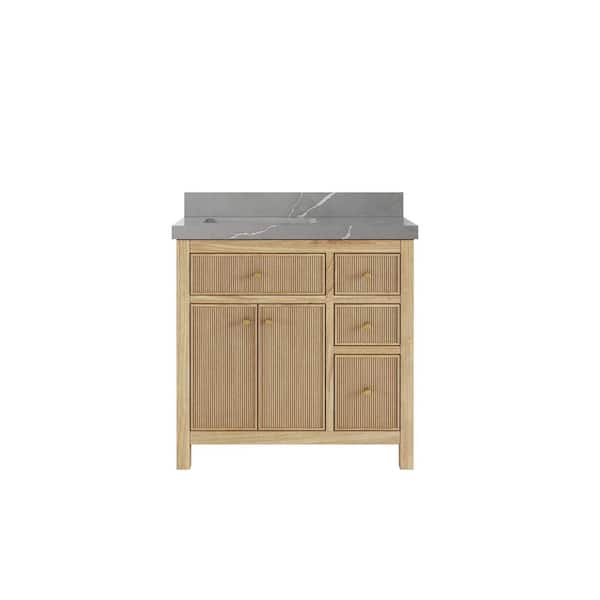Willow Collections Sonoma Teak 36 in. W x 22 in. D x 36 in. H Left Offset Sink Bath Vanity in Light Teak with 2 in. Piatra Gray Qt. Top