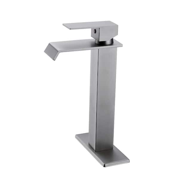 FLG Single Handle Waterfall Bathroom Vessel Sink Faucet with Deck Plate Stainless Steel High Tall Faucets in Brushed Nickel