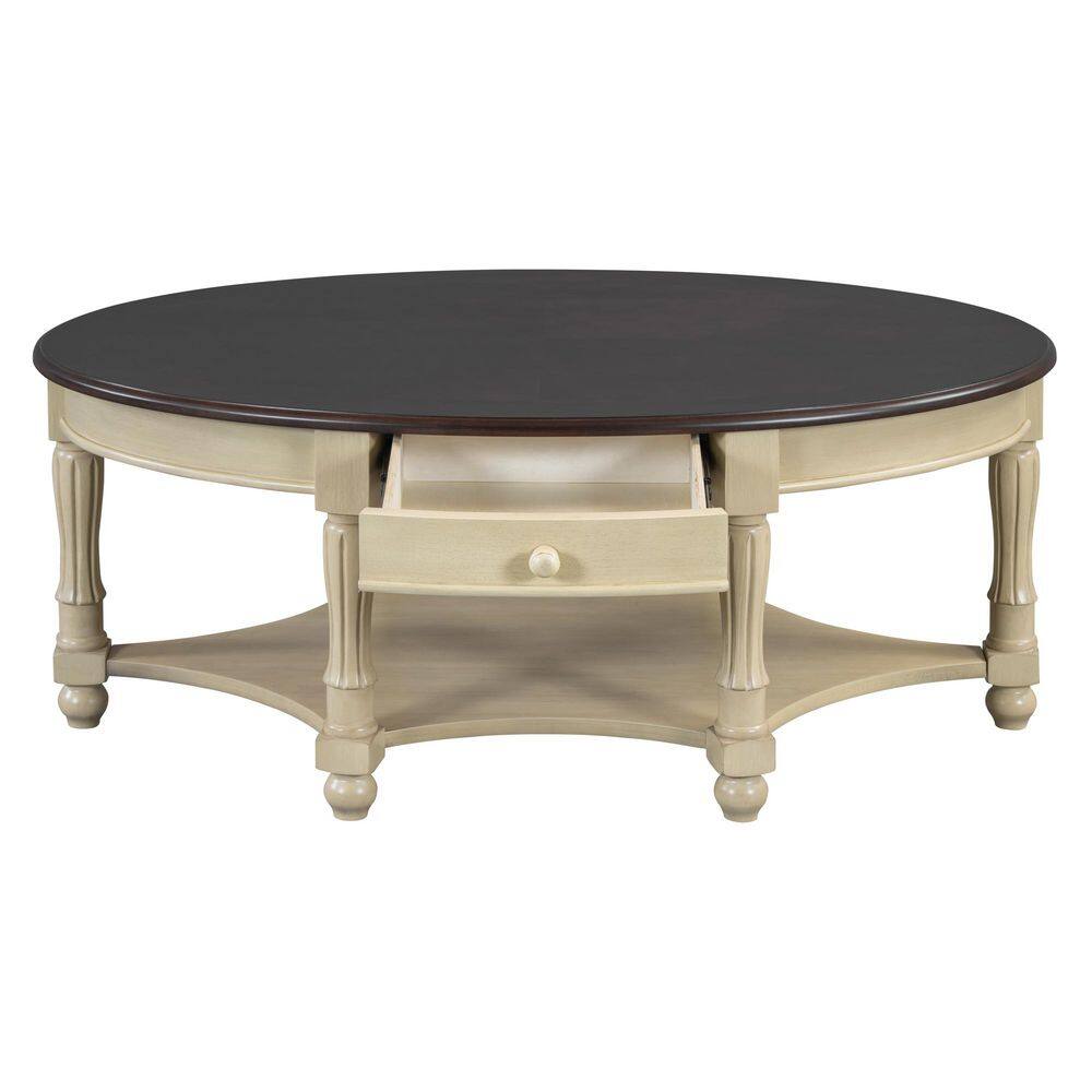 Beige Oval Wood Outdoor Coffee Table with Drawer and Storage Shelf