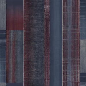 TexStyle Navy and Cranberry Agen Stripe Metallic Non-Pasted on Non-Woven Paper Wallpaper Roll