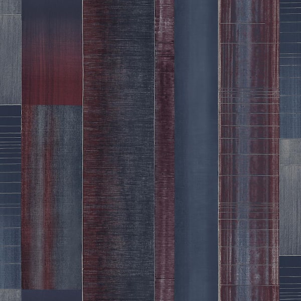 Unbranded TexStyle Navy and Cranberry Agen Stripe Metallic Non-Pasted on Non-Woven Paper Wallpaper Roll