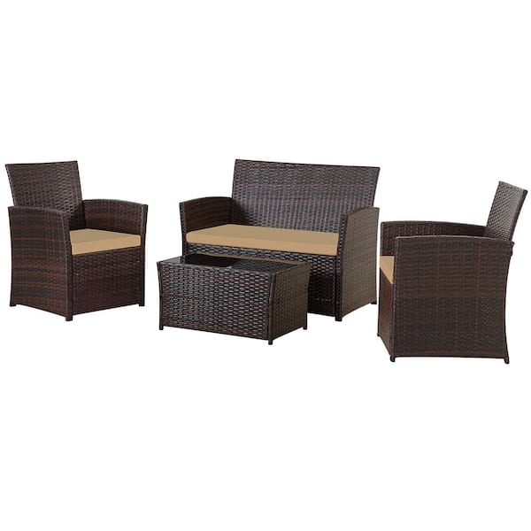 LAUREL CANYON Brown Rattan 4 Piece Patio Set Chairs Bistro Set Rattan Conversation Set, With Brown Cushion