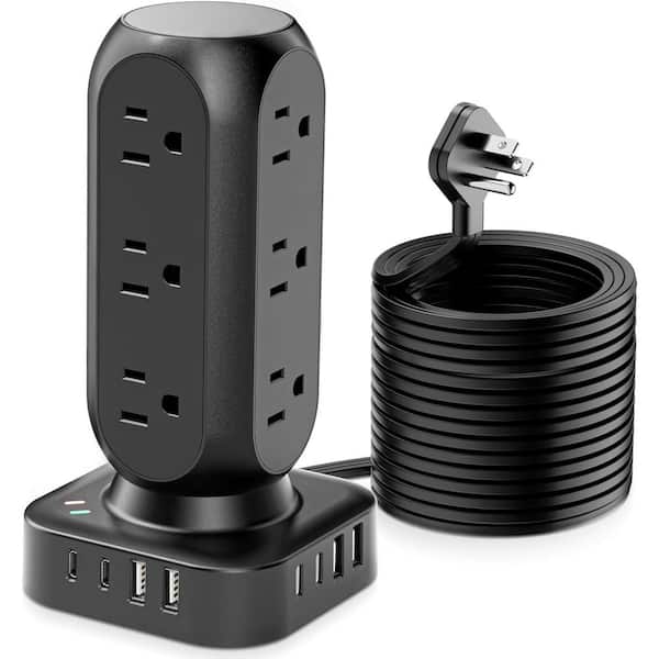 Lukyamzn 12-Outlet Power Strip Tower Surge Protector with 8-USB Port and 10 ft. Extension Cord - Fast Charging Station in Black