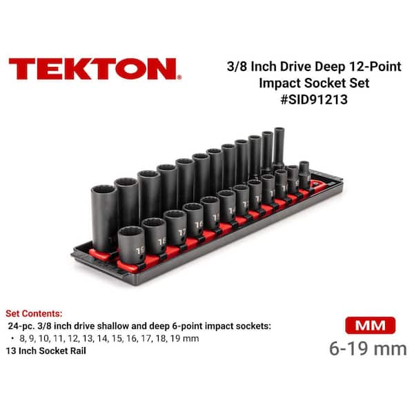 3/8 in. Drive 12-Point Impact Socket Set with Rails (8 mm-19 mm) (24-Piece)