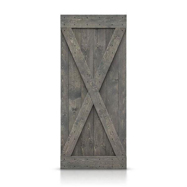 CALHOME Distressed X 38 in. x 84 in. Weather Gray Stained Solid DIY Knotty Pine Wood Interior Sliding Barn Door Slab
