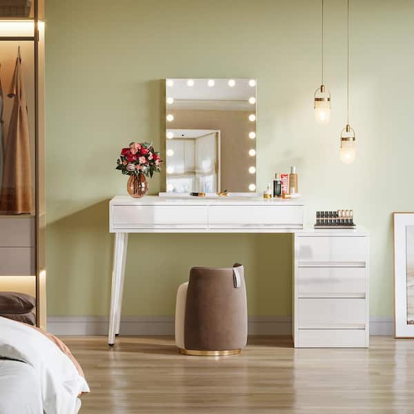 BYBLIGHT Helotes 1 Piece Glossy White Makeup Vanity Desk with 5 Drawers Modern Dressing Table for Bedroom