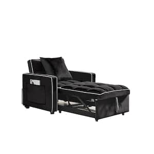 33.85 in. W obsidian black Velvet 3-in-1 Sofa Bed Chair: Recliner Single Bed and Adjustable Back Black Folding Sofa Bed