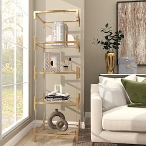 69 in. 5 Tier Metal Stationary Gold Minimalistic Shelving Unit with Clear Glass Shelves and Acrylic Legs