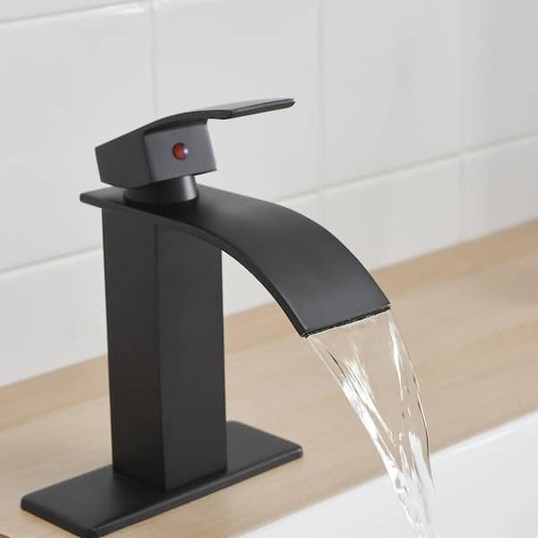 Waterfall Single Hole Single-Handle Low-Arc Bathroom Faucet With Pop-up Drain Assembly in Matte Black