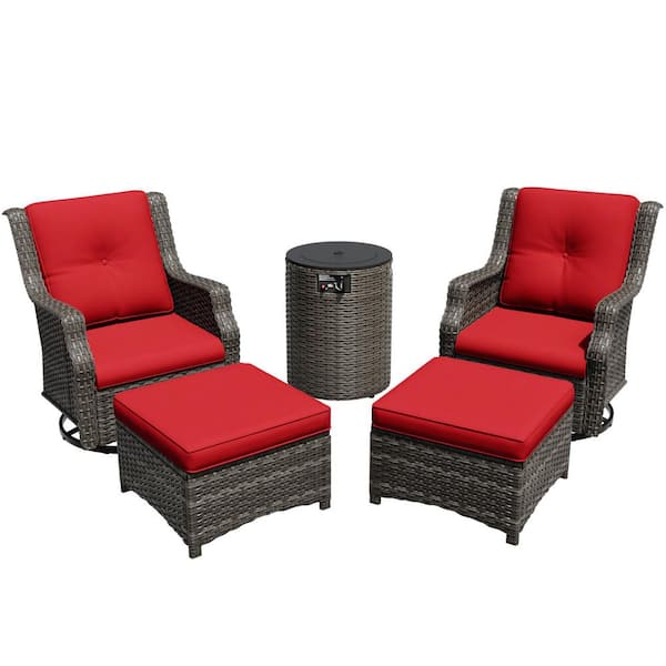 5-Piece Fire Pit Patio Set Wicker Outdoor Patio Conversation Set with Swivel Rocking Chairs, Ottomans and Red Cushions