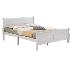 57 in. W White Full Solid Wood Sleigh Bed with Headboard and Wood Slat Support
