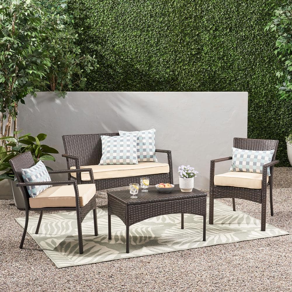 4-Piece Wicker Outdoor Patio Conversation Set with Beige Cushions, Iron Fra