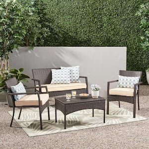 4-Piece Wicker Outdoor Patio Conversation Set with Beige Cushions, Iron Frame, Side Table for Garden Poolside Yard