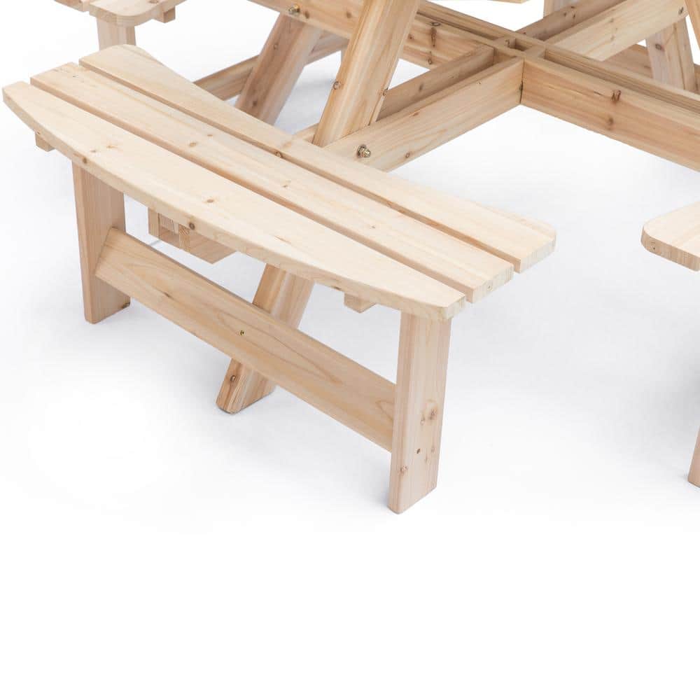 Natural Solid Wood Round Outdoor Picnic Table with Umbrella Hole, Seats 8