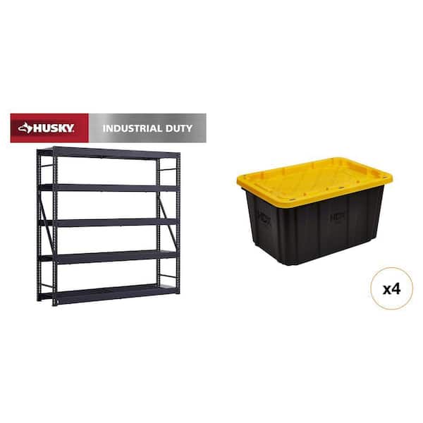 90 in. W 5-Shelf Black Metal Shelving Unit, 27 Gal. Black and Yellow Storage Tote (4-Count) Combo