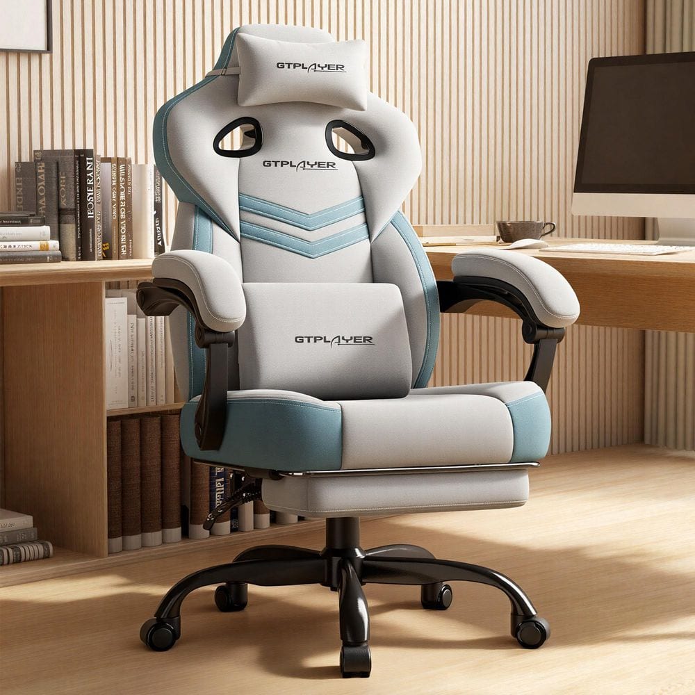 Big and Tall Gaming Chair Comfort Fabric Computer Chair 360°-Swivel Reclining Seat,Gray