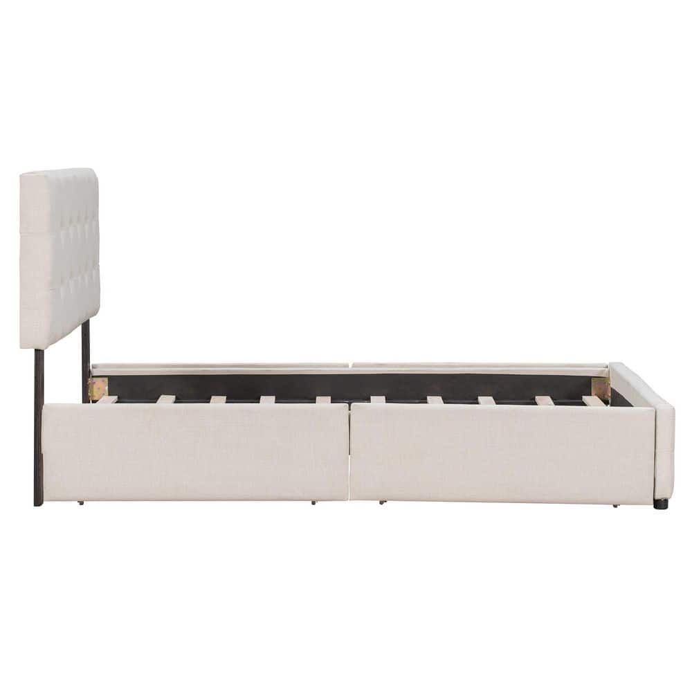 Beige Linen Upholstered Wood Frame Queen Size Platform Bed with 4-Drawers - thumbnail 9