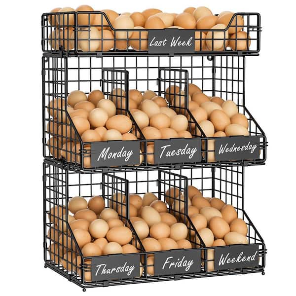 Black Iron Egg Holder Countertop, 3 Tier Egg Rack with Labels Dividers to Separate Eggs, Stackable Wire Baskets for Egg