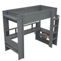 Harper & Bright Designs Gaming Style Gray Twin Wood Loft Bed with Built-In Tabletop, LED, Charging Station, Multiple Storage Shelves, Drawer QHS395AAE-T