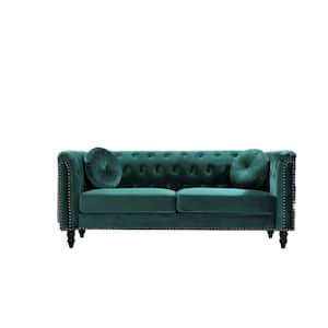 Vivian 75.98 in. W Green Classic Flared Arm Velvet 3-Seats Straight Chesterfield Sofa with Nailheads