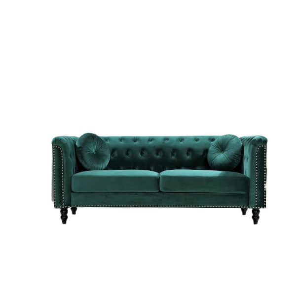 US Pride Furniture Vivian 75.98 in. W Green Classic Flared Arm Velvet 3-Seats Straight Chesterfield Sofa with Nailheads