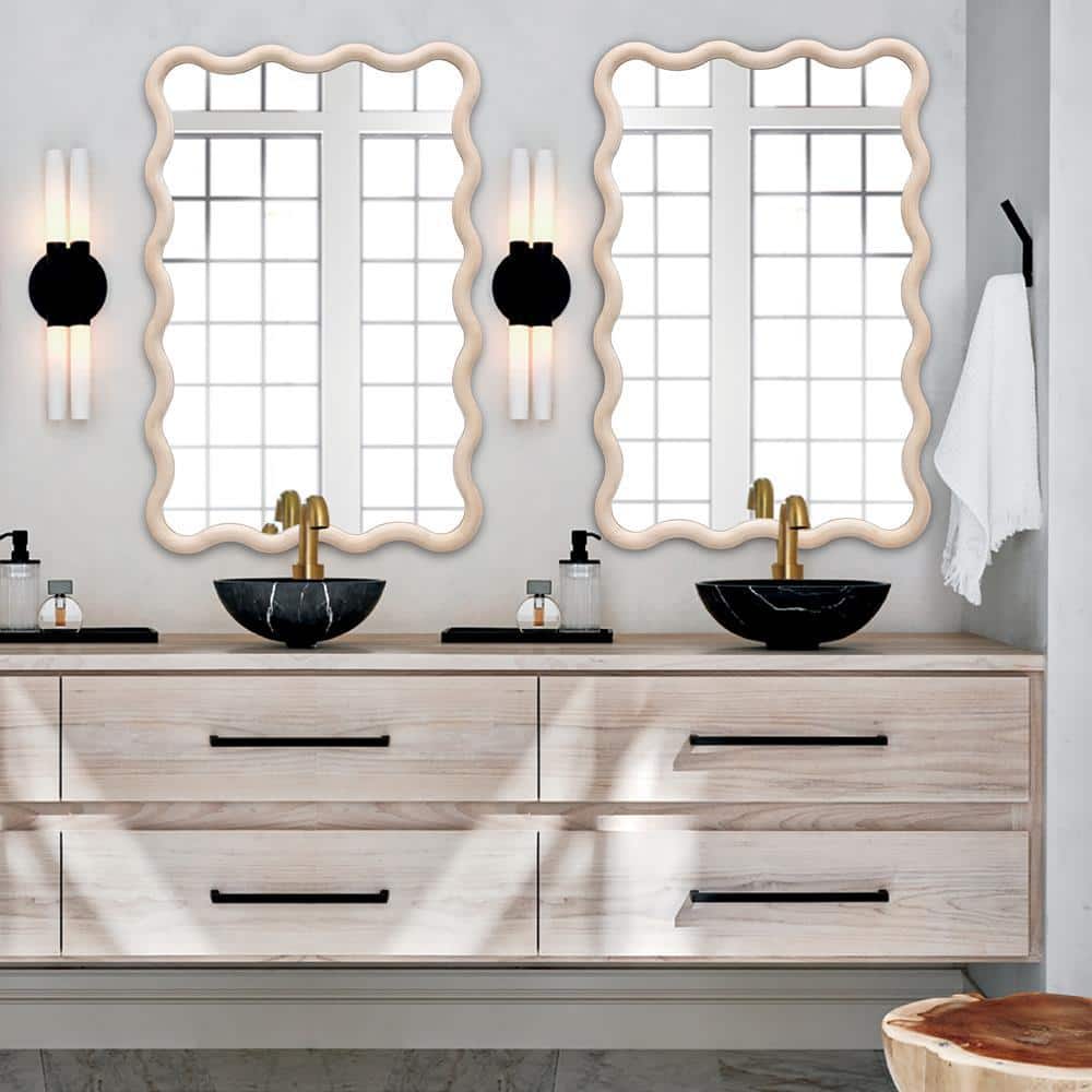 39.25-Inch Tall Rectangular Natural Pine Wood Wavy Frame Wall Mirror